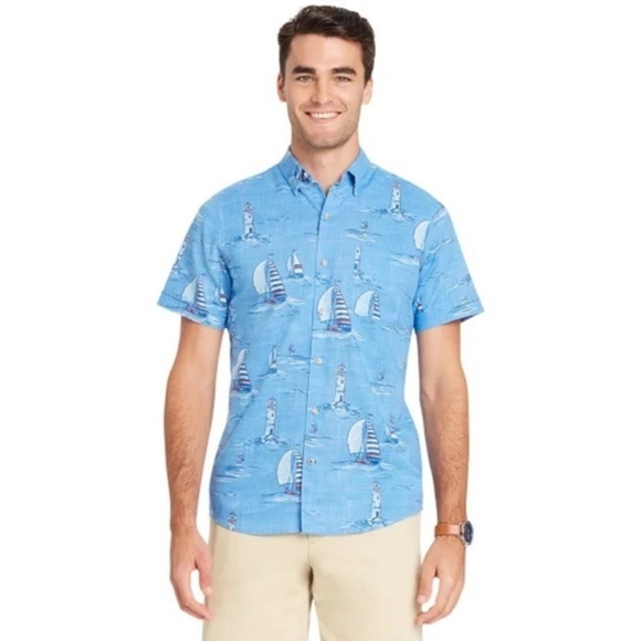 Izod Other - IZOD Dockside Sailboat Short Sleeve Button Shirt Size XXL Blue Vacation